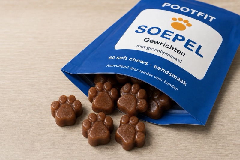 Zachte chews in pootvorm, met eendsmaak